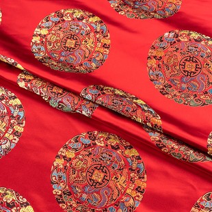 大红色五龙团光泽织锦缎提花面料 中式外套马甲锦盒装裱绸缎布料