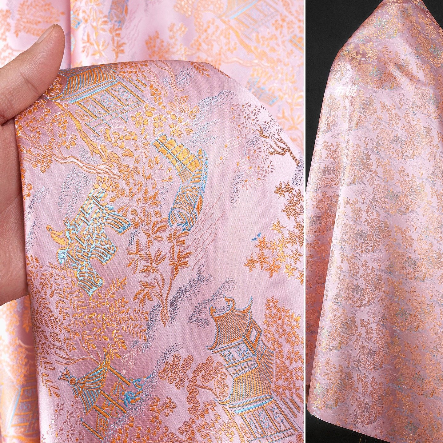 亭台楼阁织锦缎提花面料 粉色 柔软丝滑新中式外套汉服连衣裙布料,纺织面料/辅料/配套,汉服面料,淘宝优惠券,粉丝福利购,淘宝优惠卷