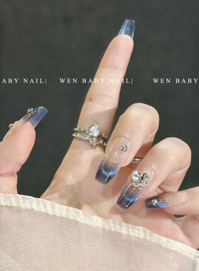 【温Baby】冰封蓝曜~猫眼晶石美甲法式蝴蝶爆闪气质手工穿戴甲片