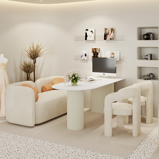 奶油风影楼选片区桌椅组合婚纱店洽谈沙发休闲网红美容院接待卡座