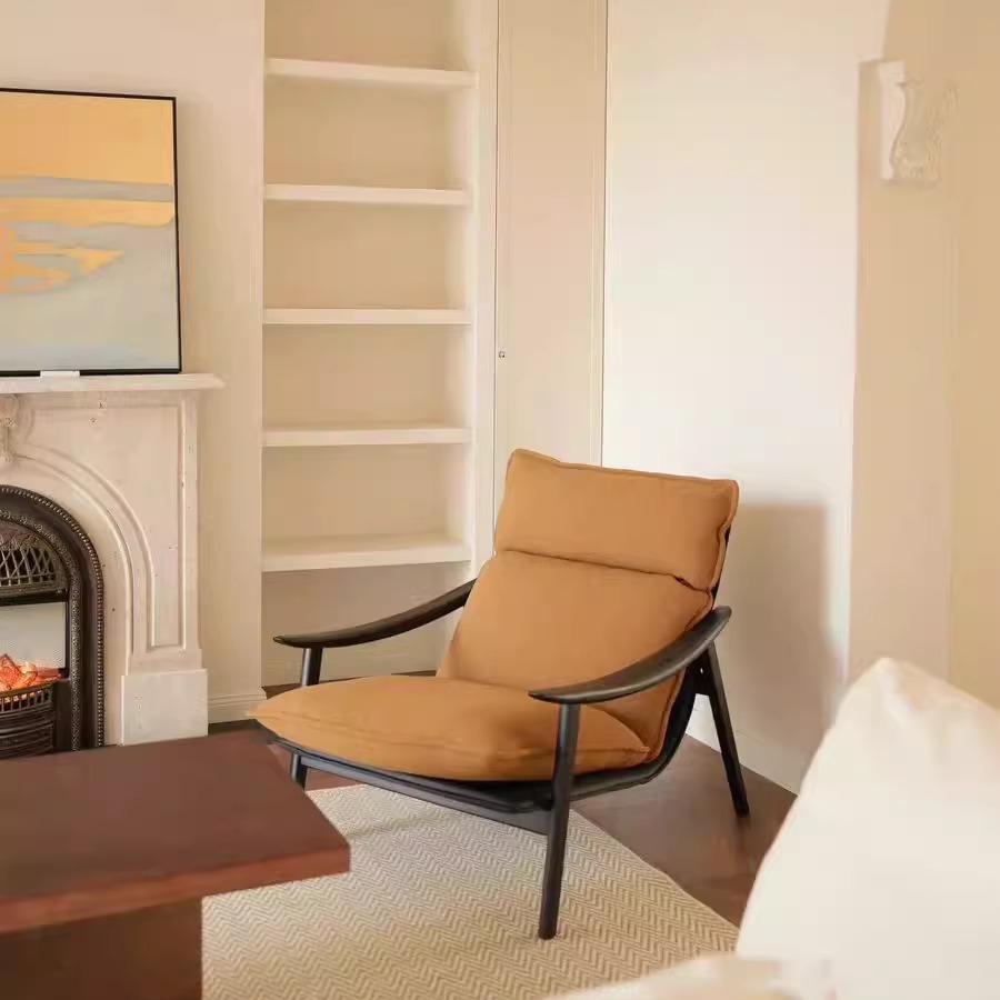 新款中古风单人沙发椅复古羊羔绒可拆洗客厅阳台实木休闲椅子