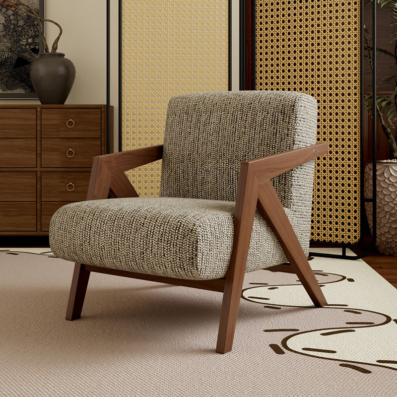 查理德中古风实木客厅单人休闲沙发椅复古民宿客厅设计师休闲椅子