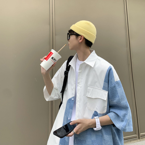 wassup happy日系短袖衬衫男夏季薄款宽松翻领拼接衬衣服休闲外套图片