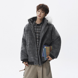 1014-FY929-P138~座山雕毛茸茸连帽棉服男女休闲毛呢拼接冬棉衣图片