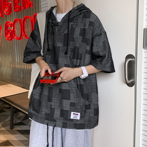 现货1014-T2168-P55-2023夏季新款薄款格子牛仔短袖套头连帽卫衣图片