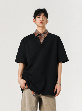 爆款现货1014-TT288-P48-限68-夏季拼接假两件短袖POLO衫男女