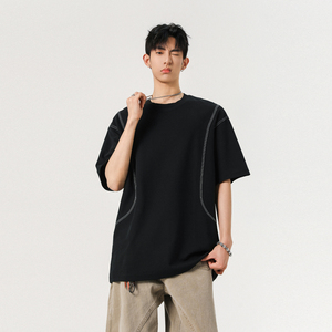 现货1014-TT398-P48-限68~2025夏季新款美式重磅拼接t恤男图片