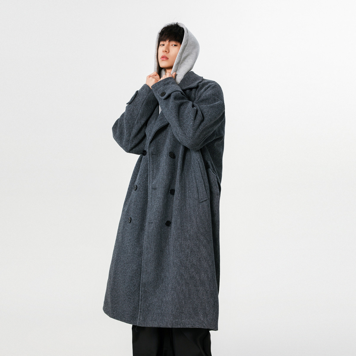 现货~FY373-P148~2025秋冬中长款可拆卸假两件连帽毛呢大衣,男装毛呢大衣,星座1014