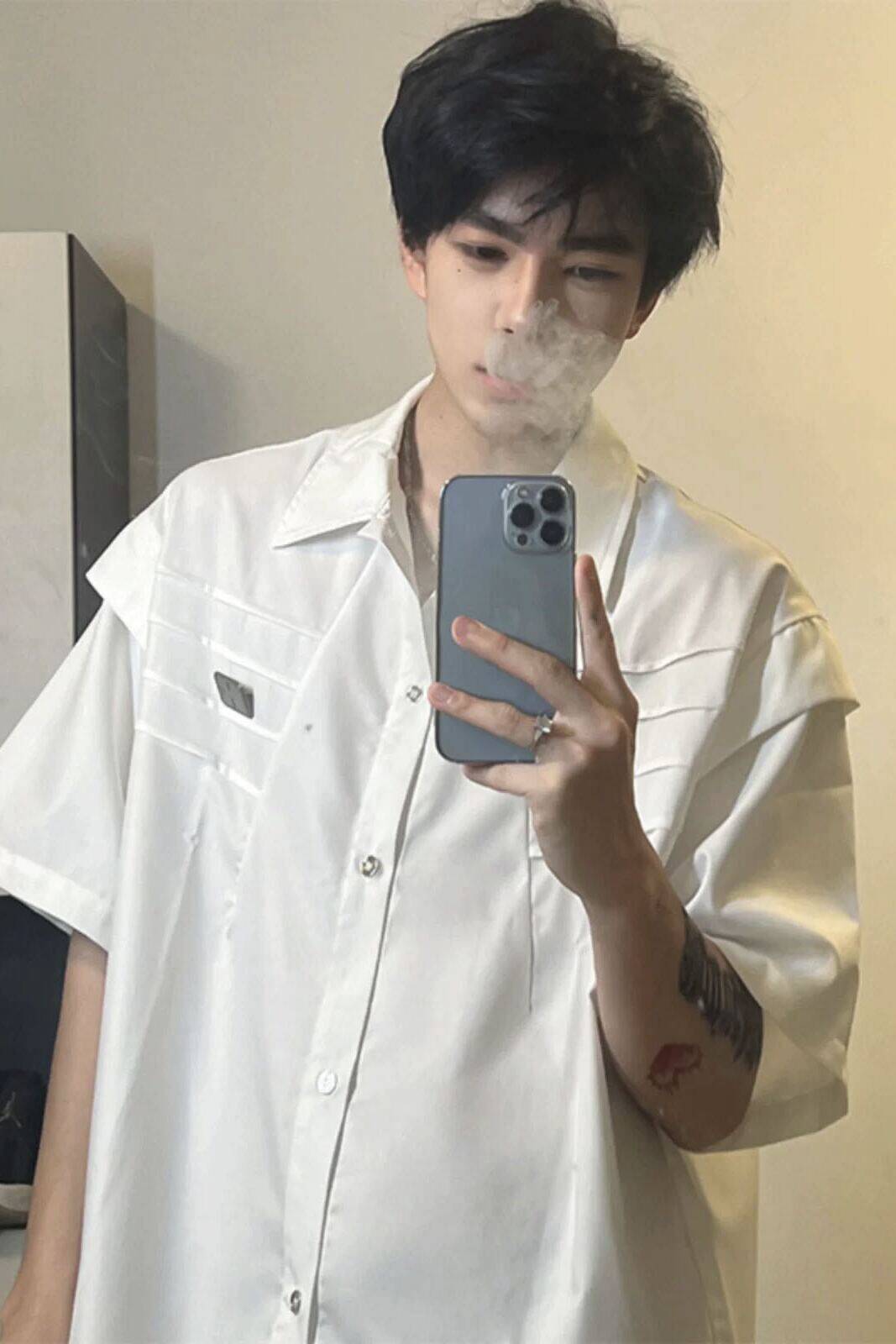 现货1014-CS779-P48解构冰丝短袖衬衫男夏季痞帅高级感衬衣,男装衬衫,星座1014