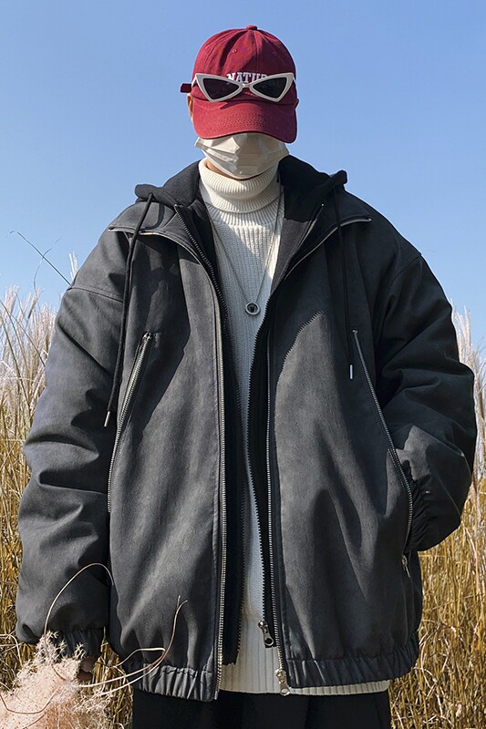 现货1014-MY7709假两件连帽PU皮棉服男冬季2025新款美式复古,男装棉衣,星座1014