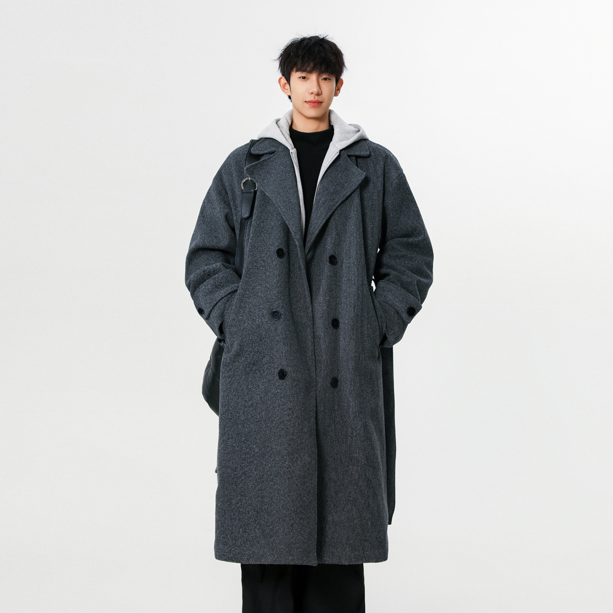 现货~FY373-P148~2025秋冬中长款可拆卸假两件连帽毛呢大衣，男装毛呢大衣，星座1014