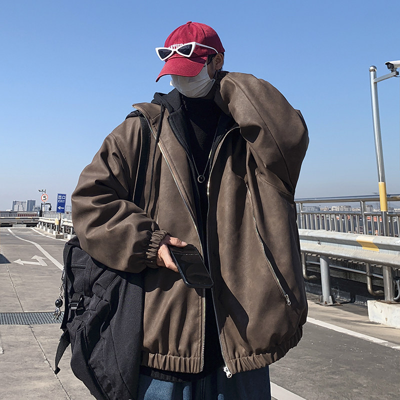 现货1014-MY7709假两件连帽PU皮棉服男冬季2025新款美式复古,男装棉衣,星座1014