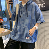 现货1014-T2168-P55-2023夏季新款薄款格子牛仔短袖套头连帽卫衣，男装T恤，星座1014