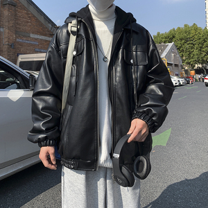 1014-PY986假两件棉衣男冬季韩版宽松PU皮百搭连帽棉服P148-限178图片
