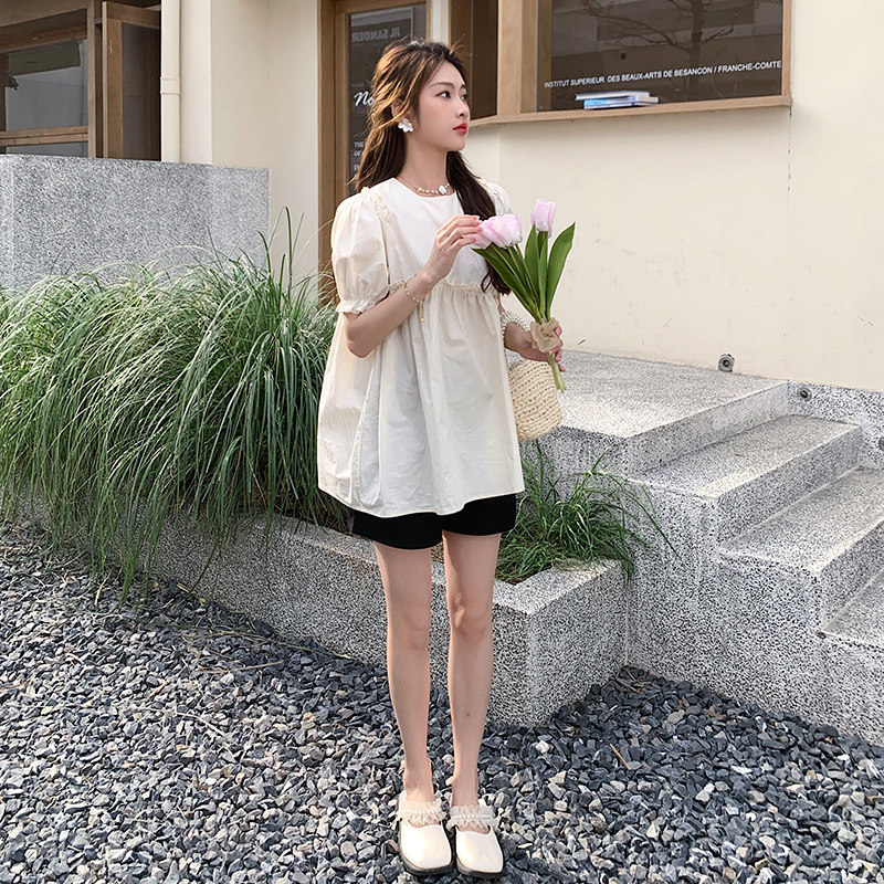 출산 셔츠 여름 느슨한 유행  인형 셔츠 멋쟁이 연령 감소 유행 엄마 반팔 반바지 얇은 투피스 세트