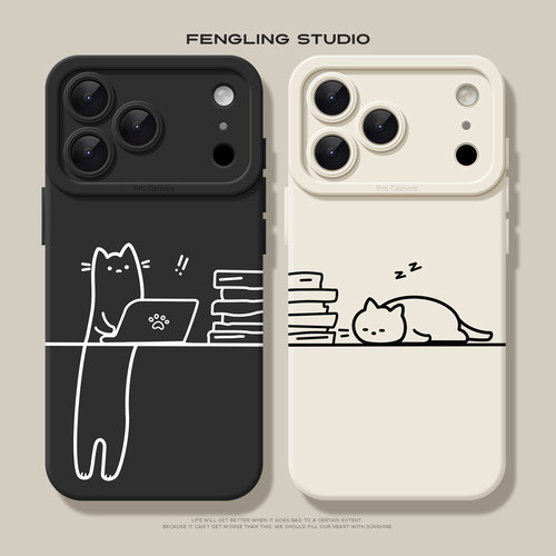 加班猫咪iPhone17promax苹果16pro小米15华为mate70创意pura80简约防摔iqoo13适用oppofindx8s一加情侣手机壳