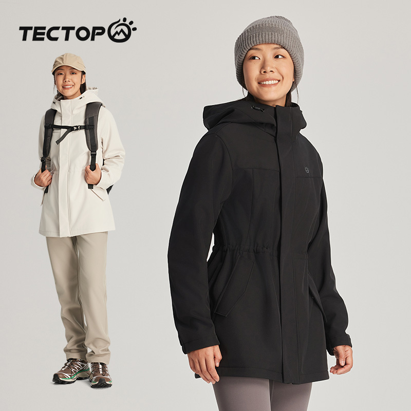 探拓户外收腰中长款女连帽软壳衣