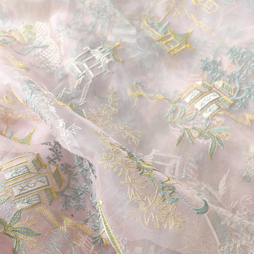 江南烟云 品牌定织丝绸精美重工刺绣真丝欧根纱16姆100丝130宽