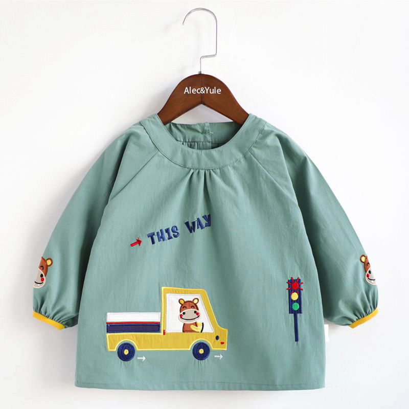 儿童吃饭罩衣阿喜春薄款男童卡通防脏反穿衣婴儿防水纯棉护衣罩衫