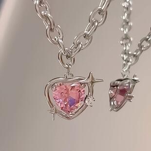 necklace粉色爱心吊坠锁骨链女士爱心项链女 pendant heart Pink