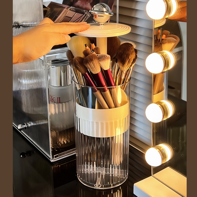 按压化妆刷收纳筒防尘透明分格眼影眉刷子腮红刷收纳盒自动升降