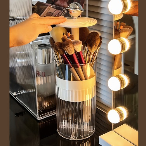 按压化妆刷收纳筒防尘透明分格眼影眉刷子腮红刷收纳盒自动升降