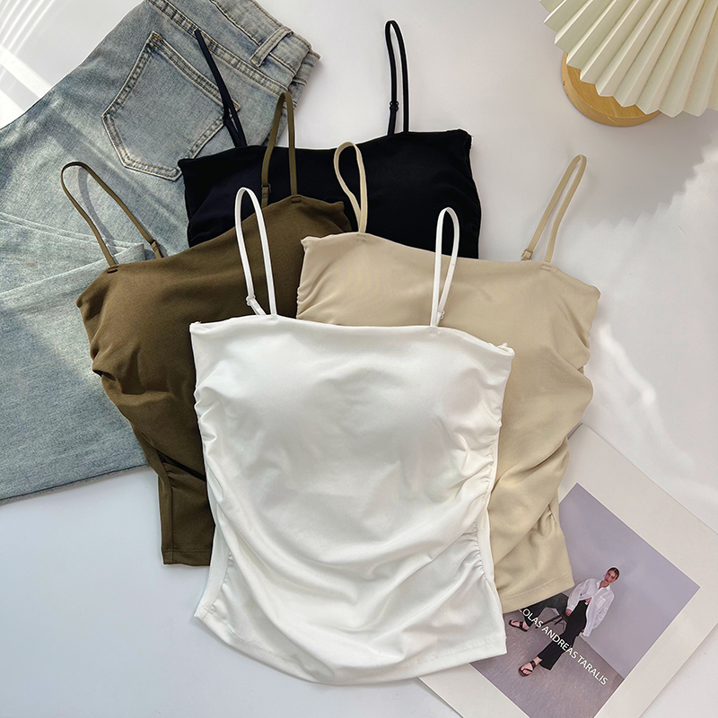 美背外穿带胸垫褶皱收腰打底上衣