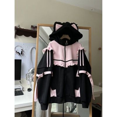 软妹亚萌设计感拼色猫耳连帽卫衣女秋冬宽松加绒加厚拉链开衫外套