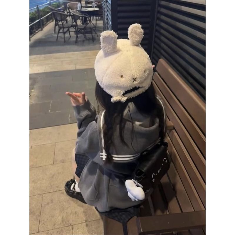 软妹日系华夫格学院风海军领卫衣女秋冬复古加绒加厚宽松开衫外套