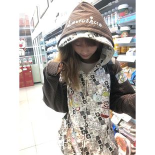 街头亚文化印花撞色双层连帽卫衣女秋冬2026新款 外套 加绒加厚开衫