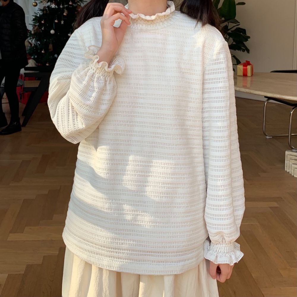 蕾丝花边半高领德绒衬衫春季