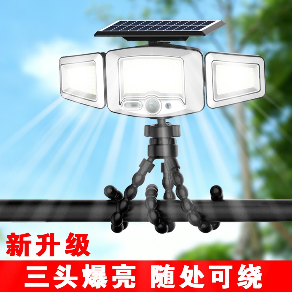 新品户外太阳能三头感应灯栏杆花园阳台露营照明灯