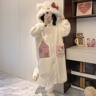 卡通可爱KT猫连帽睡衣女秋冬季 珊瑚绒睡袍加绒加厚甜美家居服套装