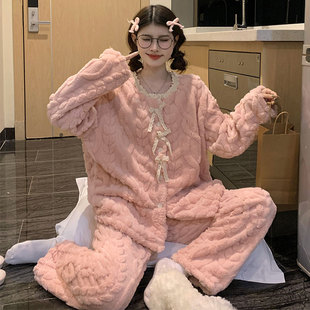 甜美可爱法兰绒家居服套装 珊瑚绒睡衣女秋冬季 加绒加厚2025年新款