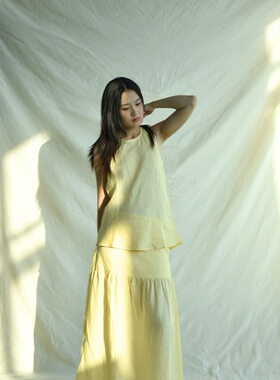 【现货】丹麦Baserange Garlin Skirt Yellow 麻休闲 短款 半身裙