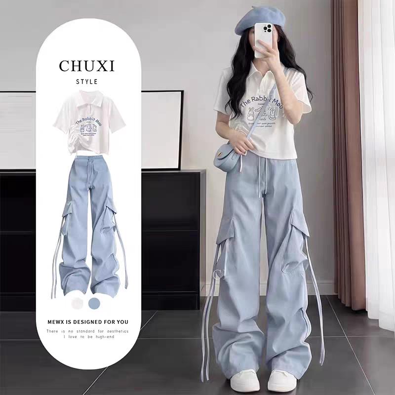 初中生穿搭一整套夏季新款初中生女童polo衫短袖工装裤多巴胺套装