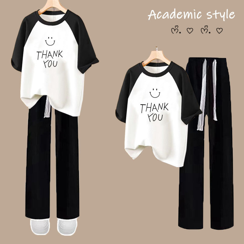 休闲套装夏季套装女学生学院风宽松插肩短袖T恤阔腿裤子两件套潮