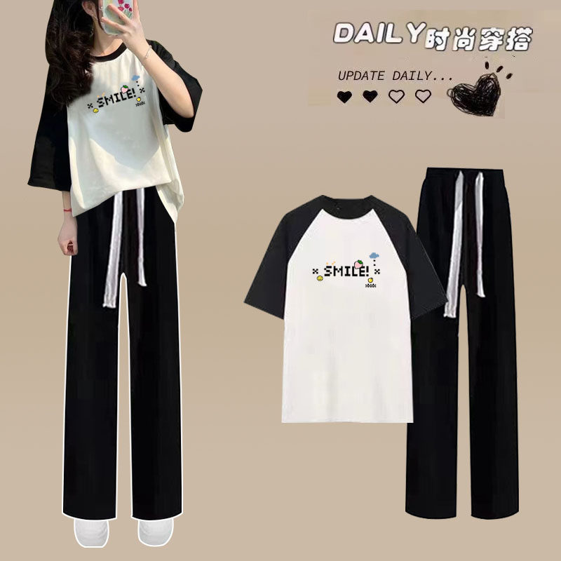 日系少年感休闲运动套装女夏季宽松复古宽松插肩短袖长裤两件套潮