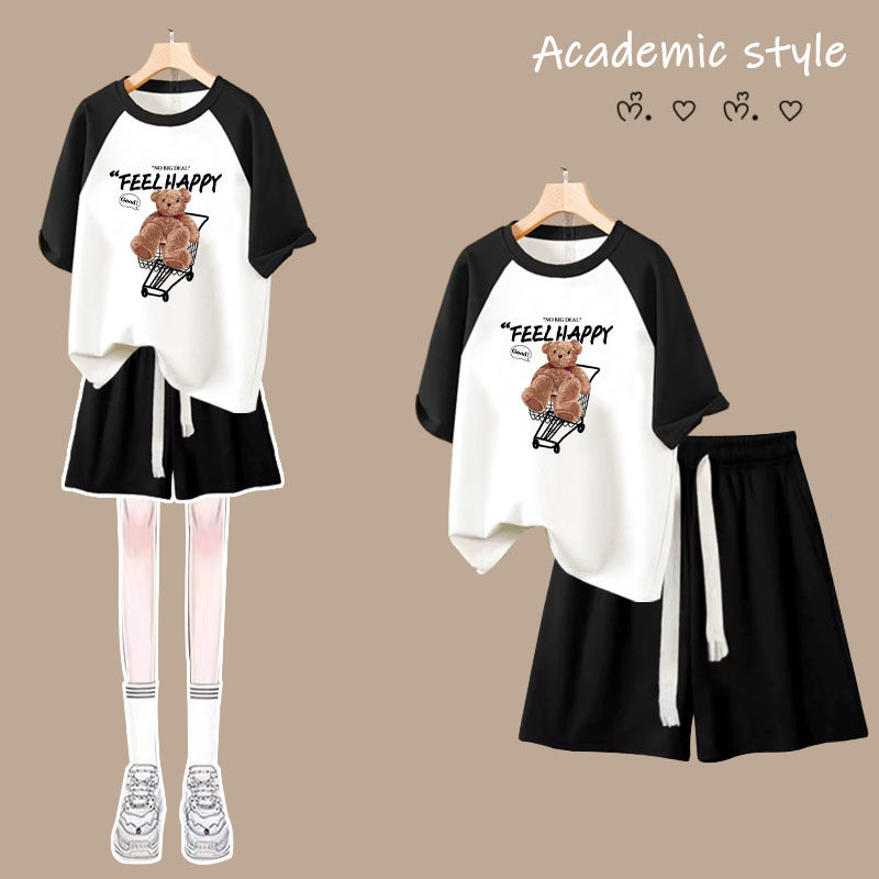 复古时尚套装女短袖T恤上衣夏季2026新款宽松短裤休闲运动两件套
