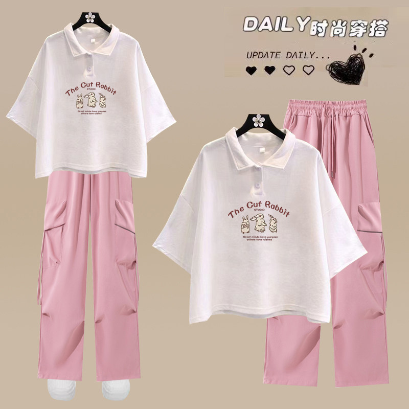 大童套装夏季2026新款夏装洋气粉色工装裤女款初高中学生俩件套潮