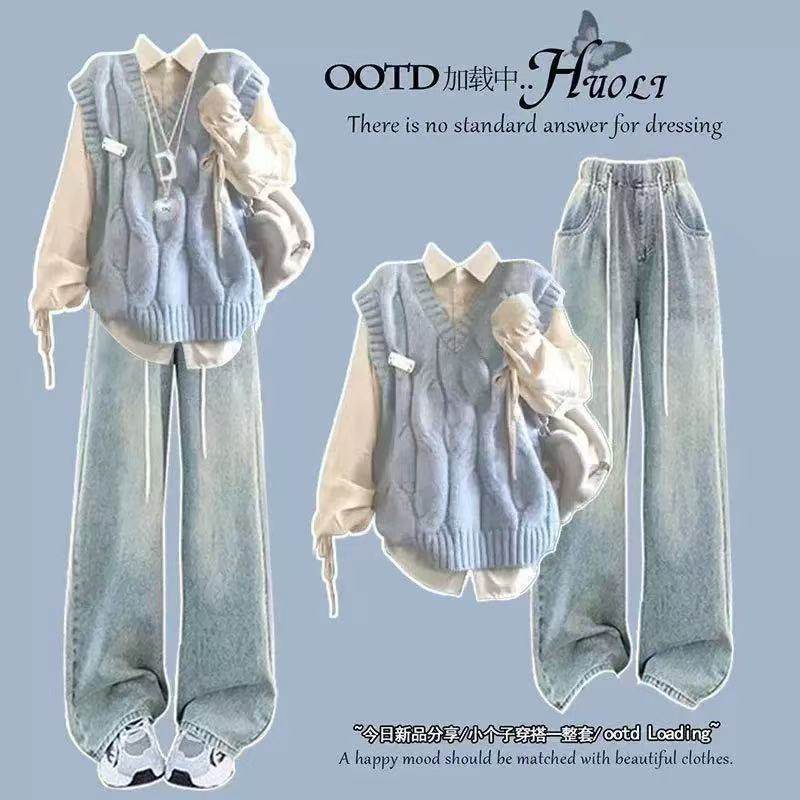 韩系女大童秋冬穿搭初高中休闲套装2026巨好看的三件套马甲衬衫