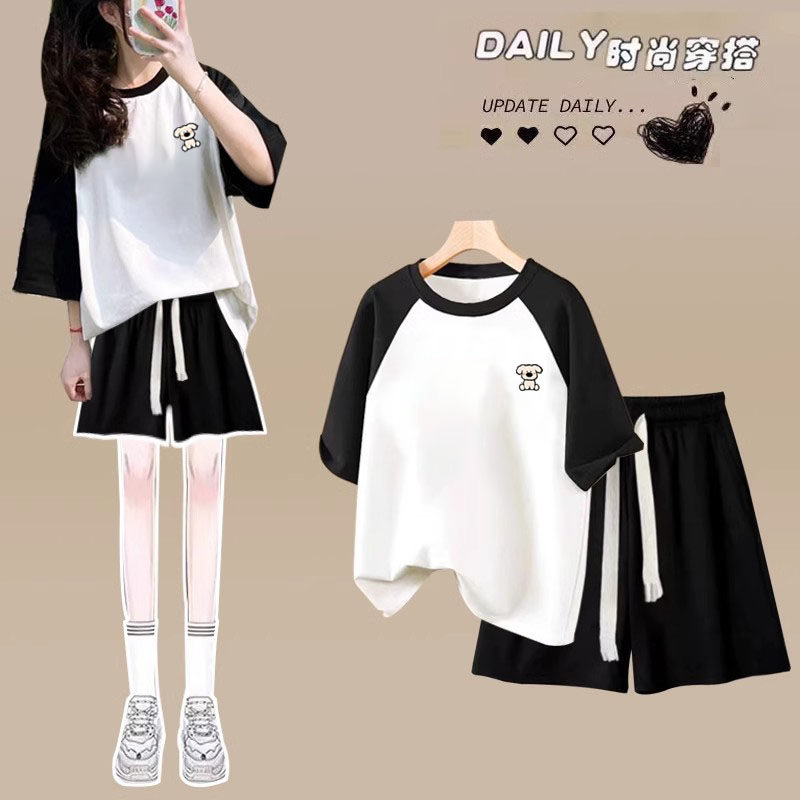 少女初中生夏季休闲套装插肩T恤宽松短裤休闲运动学院风两件套潮