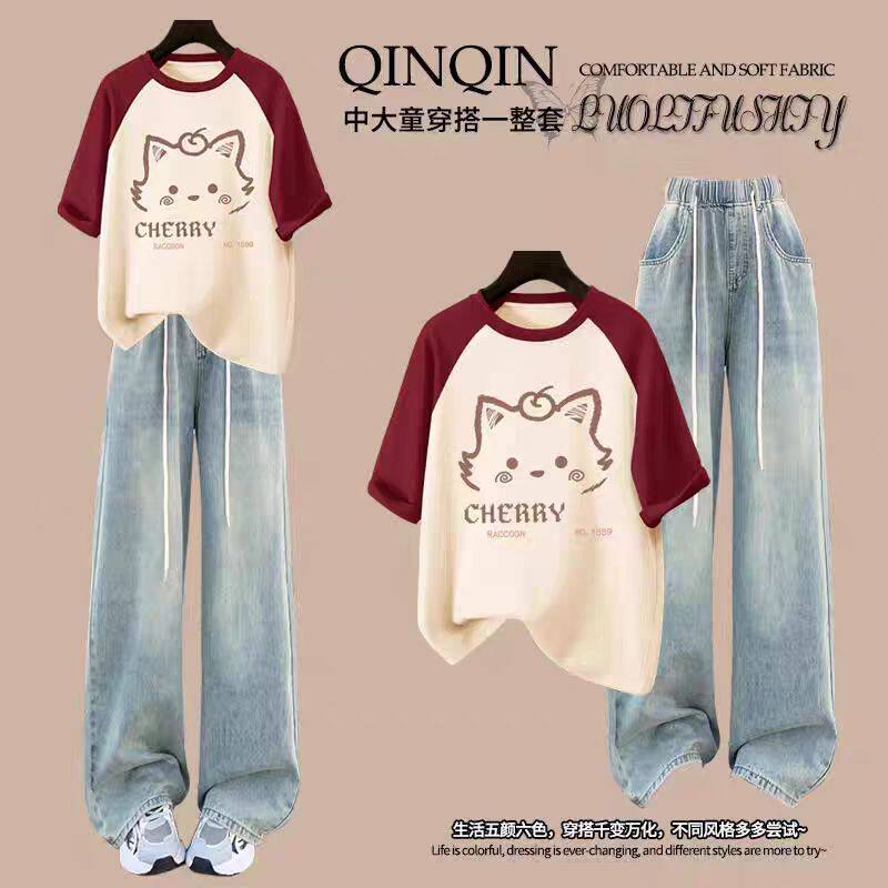 2026超火穿搭一整套短袖学院风中生套装女夏季纯棉T恤阔腿牛仔裤