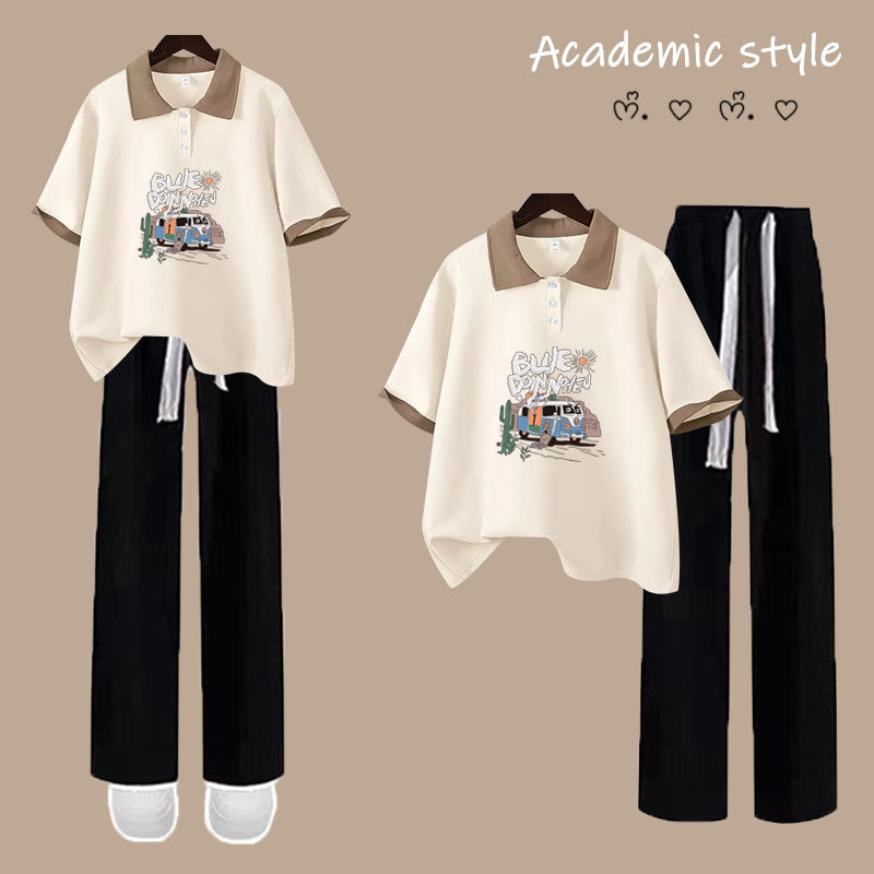 正肩短袖t恤女夏季套装新款撞色微胖遮肉宽松短款polo上衣俩件套