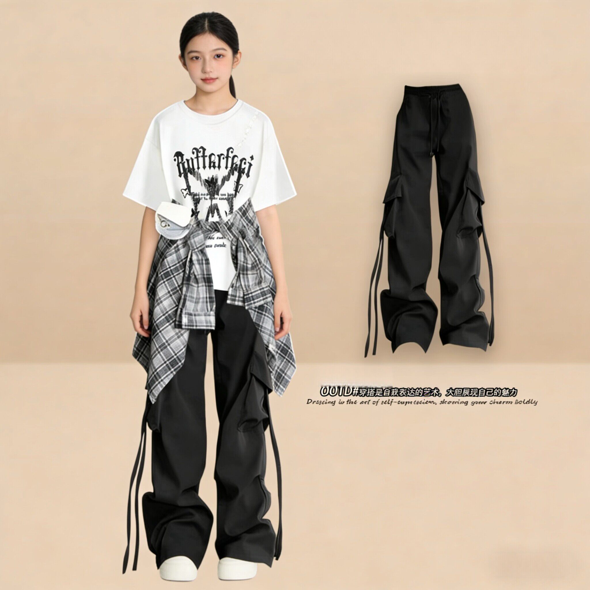 衣服女初中生酷飒风14短袖T恤防晒衬衫+工装裤13-17岁多巴胺套装