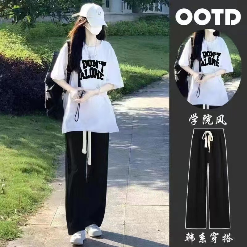 运动少女春夏装2025新款初中高中学生学院风时尚短袖宽松款两件套