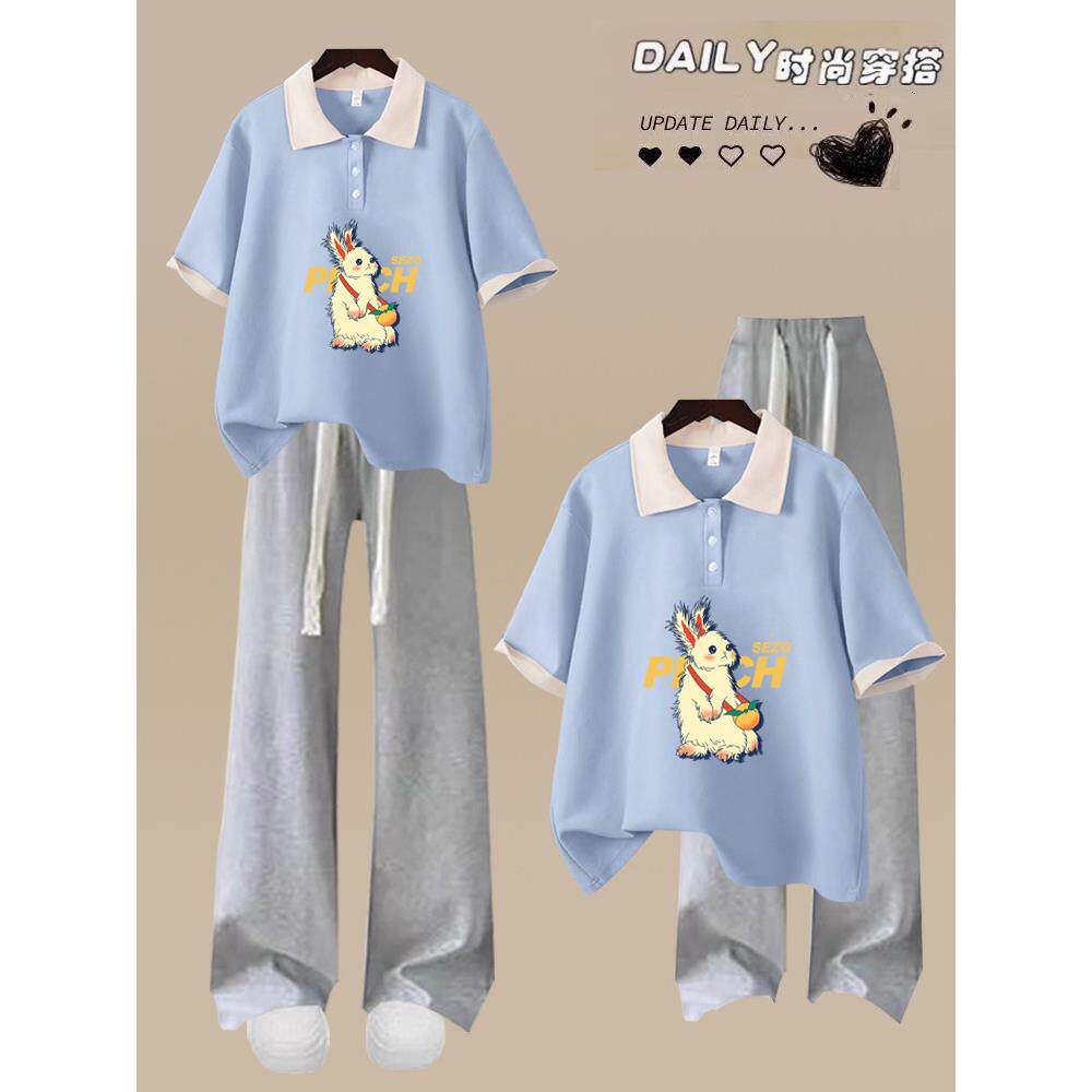 高中生夏季套装女2026新款初中学生少女短袖t恤休闲阔腿裤两件套