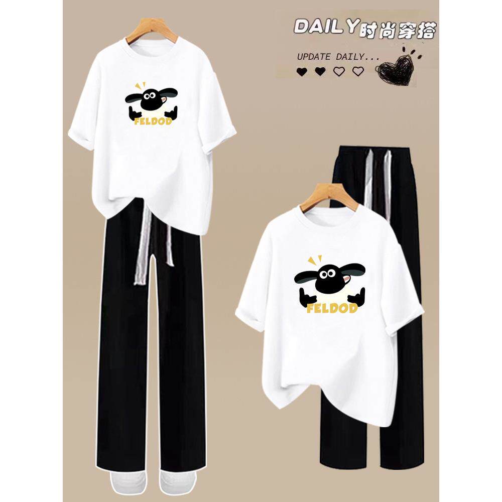 初中生夏季时尚套装少女孩高中学生纯棉短袖T恤+休闲阔腿裤两件套