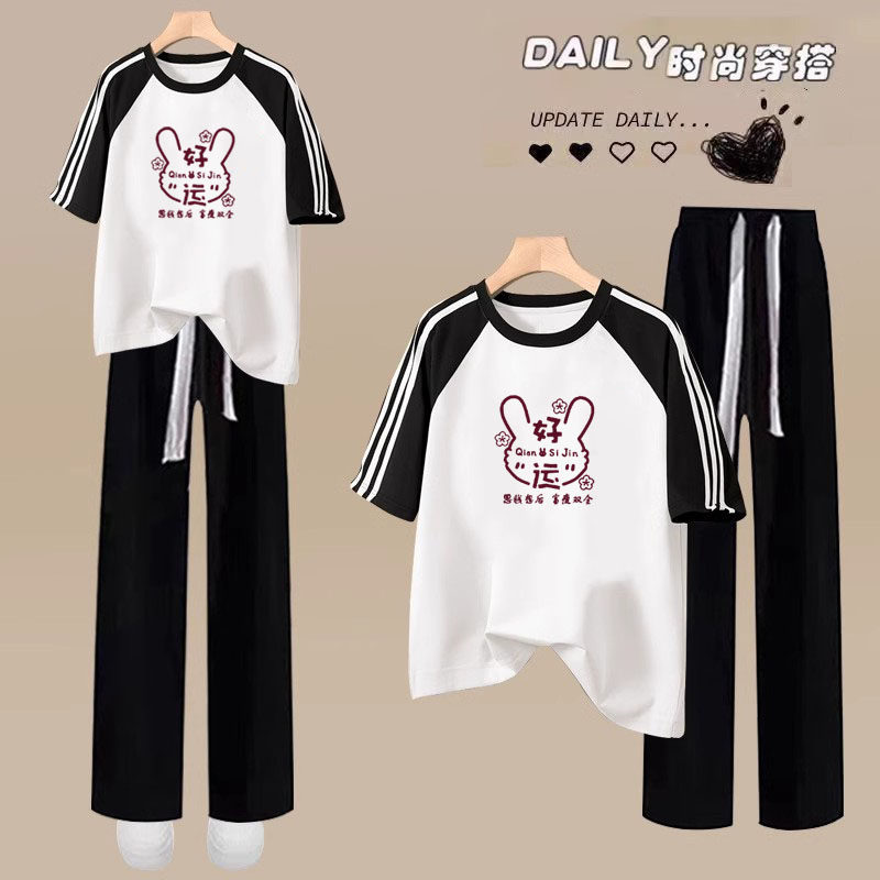 套装女夏季韩版宽松印花短袖T恤女休闲显瘦阔腿长裤学生两件套潮