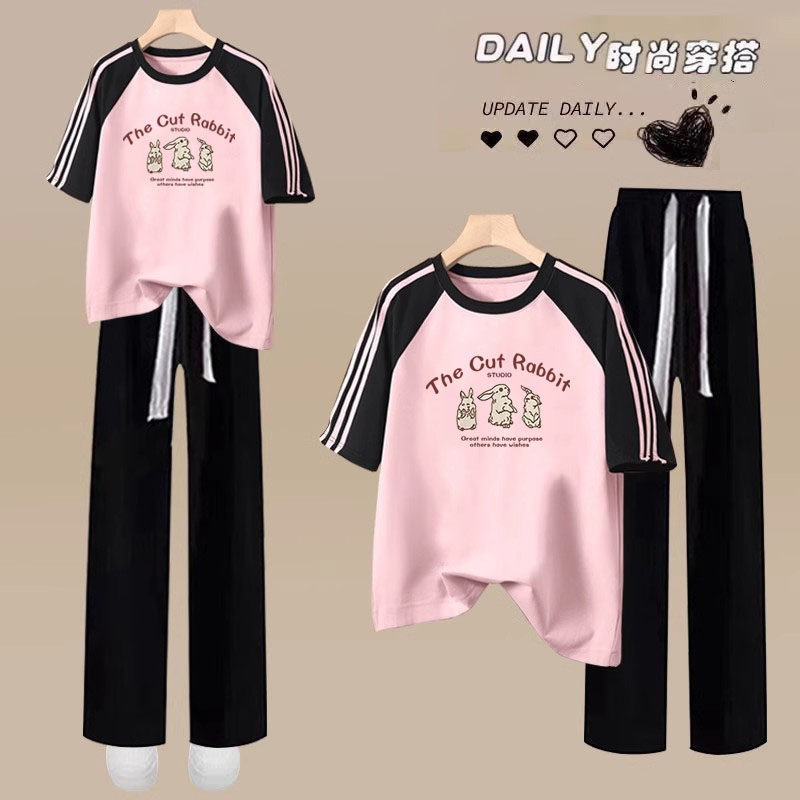 休闲慵懒风运动服套装女夏季宽松显瘦字母印花纯棉短袖长裤两件套